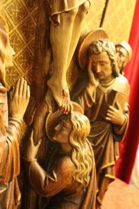 Calvary Scene.  style Gothic - style en fully hand-carved wood Oak. , Belgium. Atelier Bressers - Blanchaert. 19th century