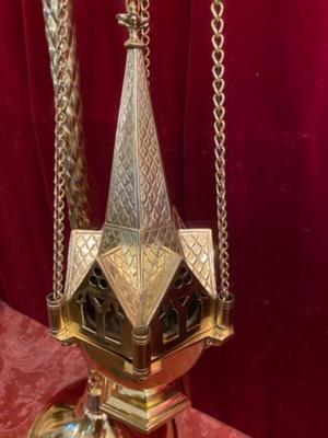 Censer Stand With Boat And Censer  style Gothic - style en Brass / Bronze / Glass / Polished and Varnished, BELGIUM 19 th century