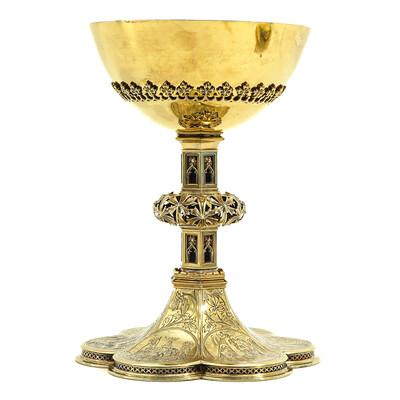 Chalice style Gothic - Style en Full - Silver With Paten & Spoon, Belgium  19 th century ( Anno 1885 )