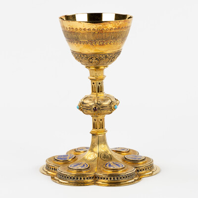 Chalice By Bourdon Gent style Gothic - Style en Full - Silver / Silver Marks Present / Stones / Enamel, Gent - Belgium  19 th century