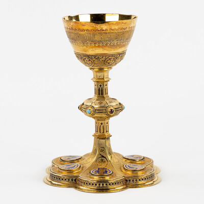 Chalice By Bourdon Gent style Gothic - Style en Full - Silver / Silver Marks Present / Stones / Enamel, Gent - Belgium  19 th century