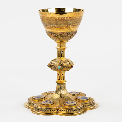 Chalice By Bourdon Gent style Gothic - Style en Full - Silver / Silver Marks Present / Stones / Enamel, Gent - Belgium  19 th century