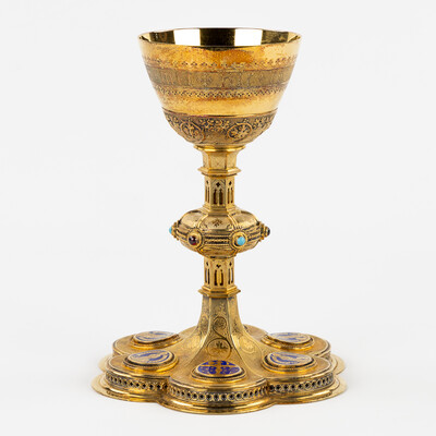 Chalice By Bourdon Gent style Gothic - Style en Full - Silver / Silver Marks Present / Stones / Enamel, Gent - Belgium  19 th century