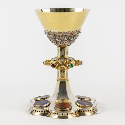 Chalice By: Bourdon Gent style Gothic - Style en Full - Silver / Silver Marks Present / Enamel, Gent - Belgium  19 th century