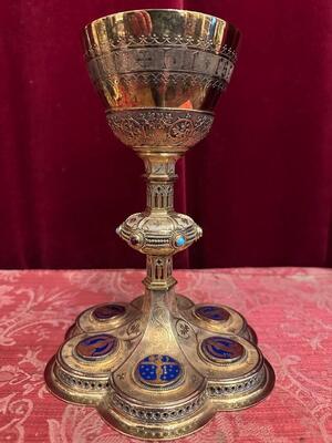 Chalice By: Bourdon Gent style Gothic - Style en Full - Silver / Silver Marks Present / Enamel / Stones, Gent - Belgium  19 th century ( Anno 1875 )