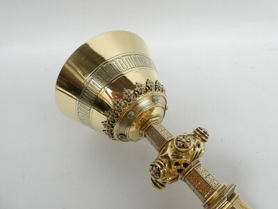 Chalice By: Jean-Baptiste Van Damme ( 1863 - 1917 ) style Gothic - Style en Full - Silver / Silver Marks Present / Stones, Bruges - Belgium  19 th century