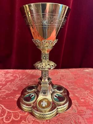 Chalice By : Silversmith J. MüLler Aachen - Germany With Original Case style Gothic - Style en Full - Silver 800/1000 / Silver Marks Present / Polished & Varnished / Stones , Aachen - Germany 19 th century
