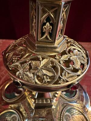 Chalice By : Silversmith J. MüLler Aachen - Germany With Original Case style Gothic - Style en Full - Silver 800/1000 / Silver Marks Present / Polished & Varnished / Stones , Aachen - Germany 19 th century