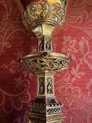 Chalice By : Silversmith J. MüLler Aachen - Germany With Original Case style Gothic - Style en Full - Silver 800/1000 / Silver Marks Present / Polished & Varnished / Stones , Aachen - Germany 19 th century