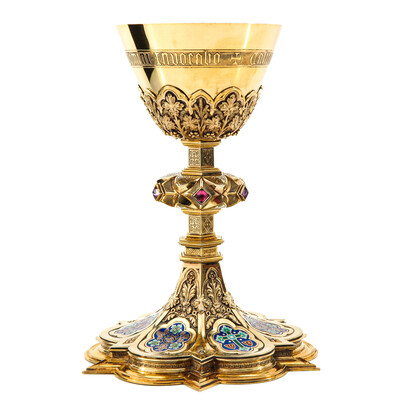 Chalice Complete With Paten Spoon And Original Case style Gothic - Style en Full - Silver / Stones / Enamel, Belgium  19 th century