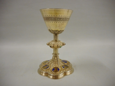 Chalice Original Paten Spoon And Case. Signed : Bourdon style Gothic - style en Full - Silver / Stones / Enamell Medallions, Belgium 19th century ( 1875 )