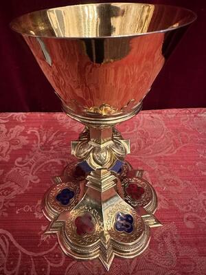 Chalice With Case style Gothic - Style en Brass / Full - Silver Cuppa / Enamel Aplications, Bruges - Belgium 19 th century