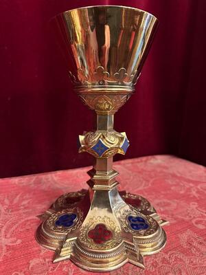 Chalice With Case style Gothic - Style en Brass / Full - Silver Cuppa / Enamel Aplications, Bruges - Belgium 19 th century