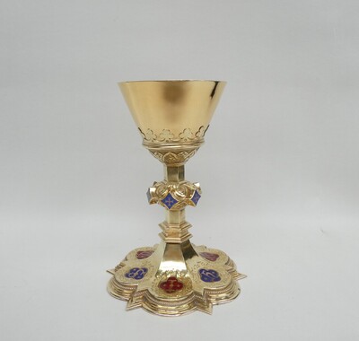 Chalice With Case style Gothic - Style en Brass / Full - Silver Cuppa / Enamel Aplications, Bruges - Belgium 19 th century