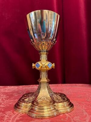 Chalice With Original Case style Gothic - Style en Brass / Gilt / Enamel / Silver Cuppa, Belgium  19 th century