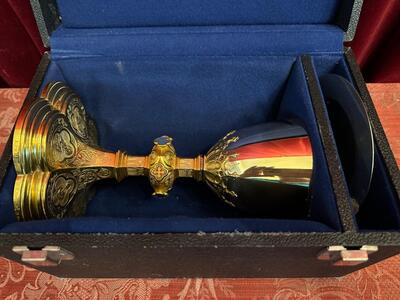 Chalice With Original Case style Gothic - Style en Brass / Gilt / Enamel / Silver Cuppa, Belgium  19 th century