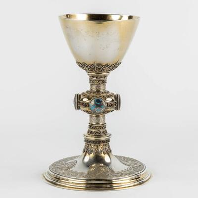 Chalice With Original Paten & Spoon. style Gothic - Style en Full - Silver / Enamel / Silver Marks Present, Germany 19 th century