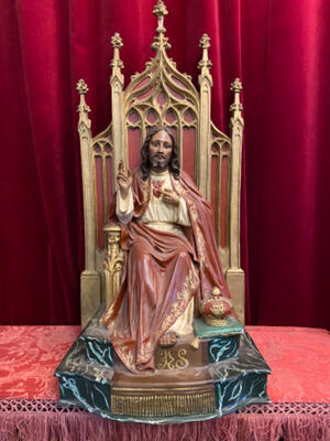 Christ The King Sacred Heart Of Jesus Sitting Statue style Gothic - style en Plaster polychrome / Glass Eyes , Spain 20 th century ( Anno 1920 )