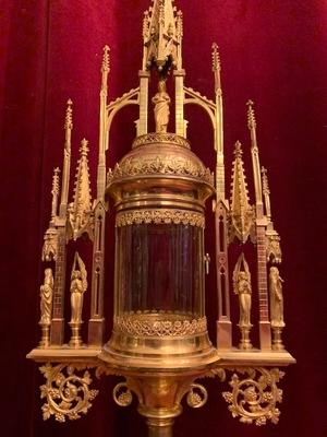 Cilinder Monstrance.  style Gothic - style en Brass /Bronze / Gilt / Glass Cillinder, Belgium 19th century ( anno 1875 )