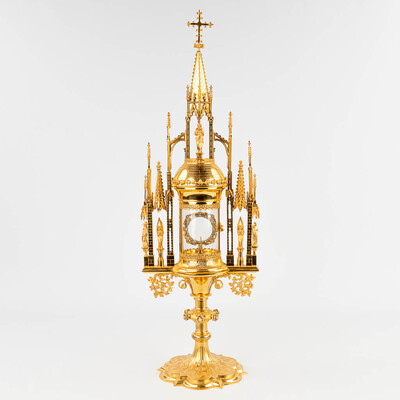 Cillinder Monstrance  style Gothic - style en Brass / Bronze / Gilt / Pearls / Glass, Belgium  19 th century