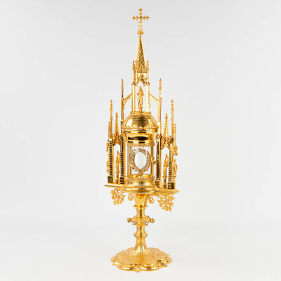 Cillinder Monstrance  style Gothic - style en Brass / Bronze / Gilt / Pearls / Glass, Belgium  19 th century