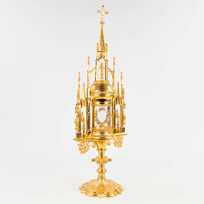 Cillinder Monstrance  style Gothic - style en Brass / Bronze / Gilt / Pearls / Glass, Belgium  19 th century