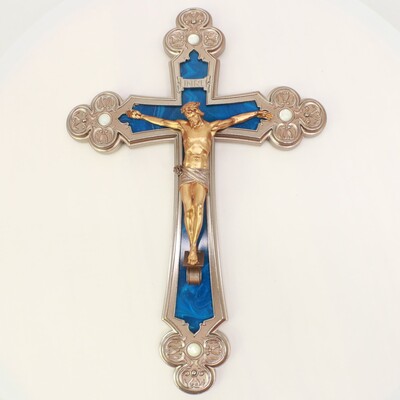 Cross With Corpus Christi  style Gothic - Style en Brass / Bronze / Semi-Precious Gem - Stones, Italy 20 th century