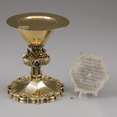 Exceptional Chalice With Original Paten style Gothic - Style en Full - Silver /  Enamel, Aachen - Germany 19 th century ( Anno 1899 )