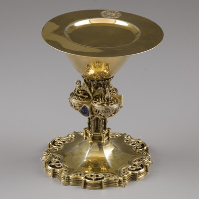 Exceptional Chalice With Original Paten style Gothic - Style en Full - Silver /  Enamel, Aachen - Germany 19 th century ( Anno 1899 )