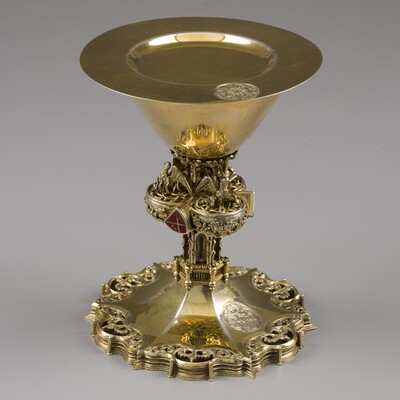 Exceptional Chalice With Original Paten style Gothic - Style en Full - Silver /  Enamel, Aachen - Germany 19 th century ( Anno 1899 )