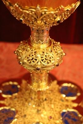 Exceptional Chalice With Paten And Spoon. Signed : J Van Damme Brugge style Gothic - style en full silver / Gilt / Gemstones / Enamelled, Belgium 19th century ( 1908 )