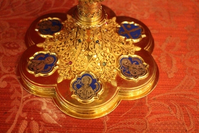 Exceptional Chalice With Paten And Spoon. Signed : J Van Damme Brugge style Gothic - style en full silver / Gilt / Gemstones / Enamelled, Belgium 19th century ( 1908 )