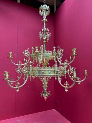 Exceptional Chandelier style Gothic - Style en Brass / Bronze / Polished and Varnished, Belgium  19 th century ( Anno 1875 )