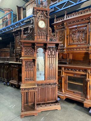Exceptional Hall Stand With Clock By : Victor Aimone !  style Gothic - Style en Walnut wood / Glass / Hand Forget Iron, France 19 th century