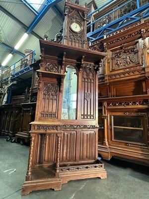 Exceptional Hall Stand With Clock By : Victor Aimone !  style Gothic - Style en Walnut wood / Glass / Hand Forget Iron, France 19 th century