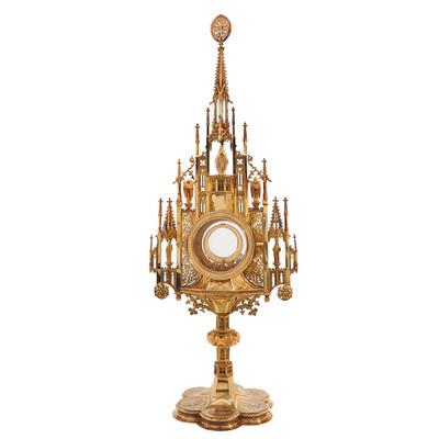 Exceptional Monstrance style Gothic - Style en Brass / Gilt / Diamonds / Stones / Glass, Belgium  19