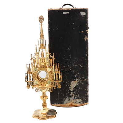 Exceptional Monstrance style Gothic - Style en Brass / Gilt / Diamonds / Stones / Glass, Belgium  19