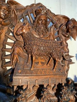 Exceptional Sculpture The Adoration Of Jesus Christ As Agnus Dei. Signed : Hendrik Van Der Geld style Gothic - style en hand-carved wood Oak, Dutch 19th century ( anno 1865 )