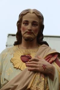 H.Heart Statue style Gothic - Style en Terra-Cotta polychrome, France 19th century anno 1875