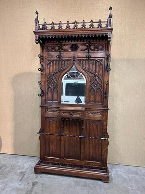Hall Stand  style Gothic - Style en Oak wood / Cast Iron / Mirror Glass / Zinc, France 19 th century ( Anno 1890 )