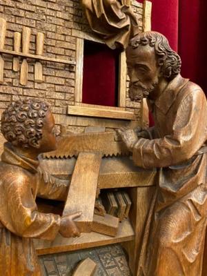 Holy Family By: H. Van Der Geld. style Gothic - Style en Fully Hand - Carved Wood Oak, Netherlands  19 th century ( Anno 1885 )