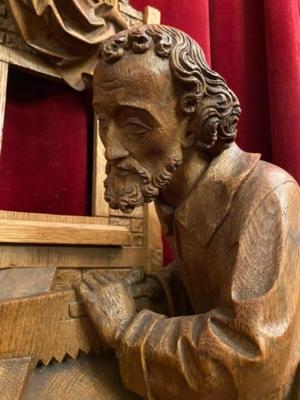 Holy Family By: H. Van Der Geld. style Gothic - Style en Fully Hand - Carved Wood Oak, Netherlands  19 th century ( Anno 1885 )