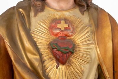 Holy Sacred Heart Statue  style Gothic - Style en Plaster polychrome, Belgium  19 th century