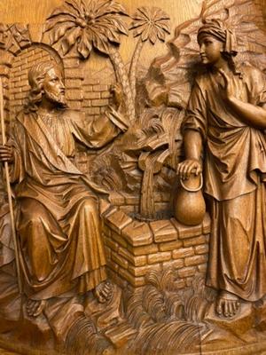 Imagination Jesus With The Samaritan Woman At The Well Of St. Jacop / James. By H.Van Der Geld style Gothic - Style en Fully Hand - Carved Wood Oak, Netherlands  19 th century ( Anno 1885 )