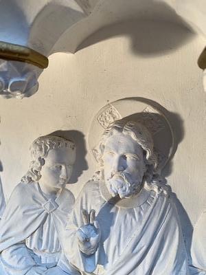 Last Supper Relief Sculpture Weight: 170 Kgs. style Gothic - style en hand-carved sandstone, Dutch 19th century ( anno 1875 )