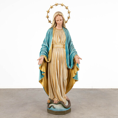 Life Size Statue St. Mary  style Gothic - Style en Plaster polychrome, Belgium  19 th century