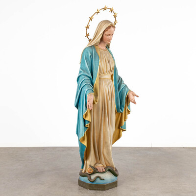 Life Size Statue St. Mary  style Gothic - Style en Plaster polychrome, Belgium  19 th century