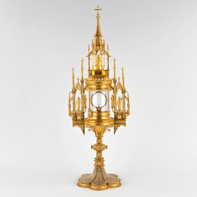 Monstrance  style Gothic - Style en Brass / Bronze / Gilt / Glass, Belgium  19 th century