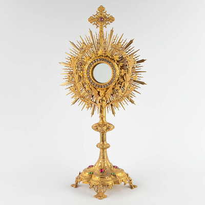 Monstrance  style Gothic - Style en Brass / Glass / Stones, Belgium  19 th century