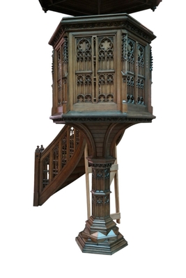 Pulpit Measurements ( Inches ) Are Displayed In A Picture. style Gothic - style en Oak wood, Belgium 19th century ( anno 1870 )